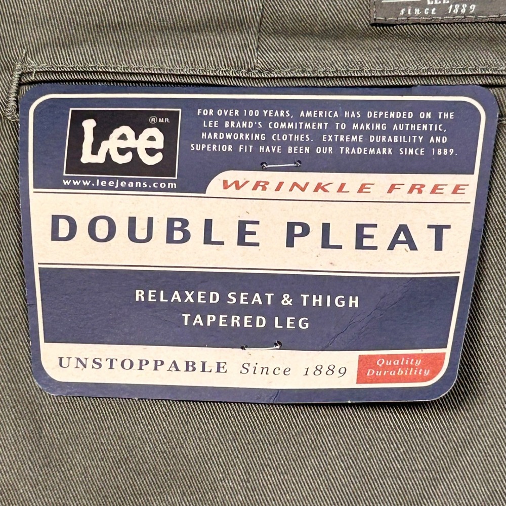 Lee Pants Mens 40x30 Khaki Green Double Pleat Relaxed Fit Tapered Leg Casual - Picture 4 of 9